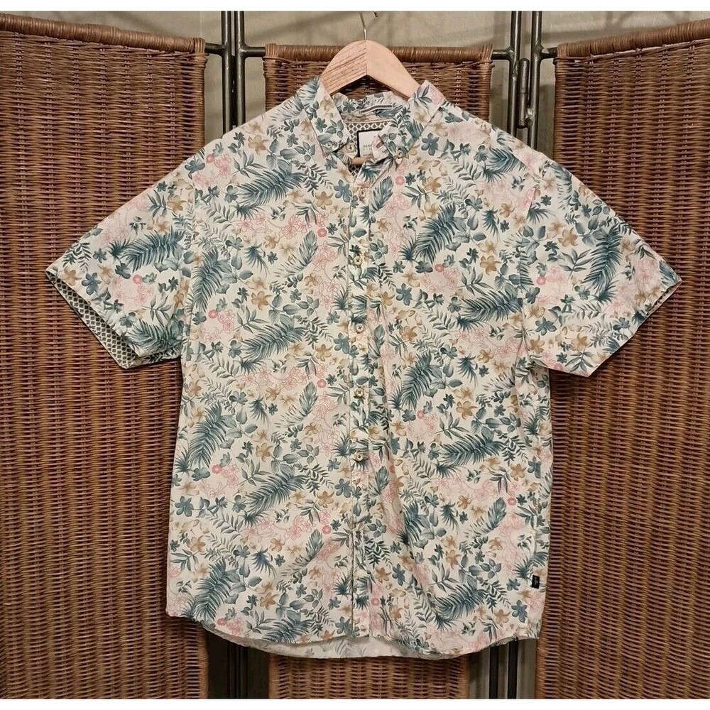 Ricky Singh Denim & Flower Size L Short Sleeve Shirt Slim Fit Floral White Blue